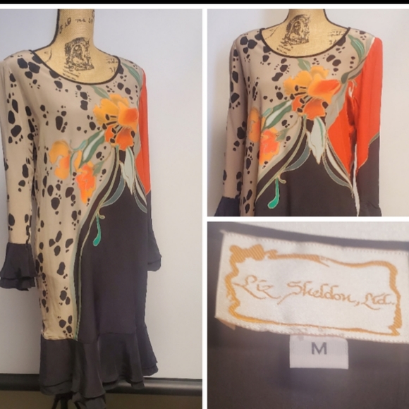 Vintage 1980's Liz Sheldon Tropical Hibiscus Midi Dress Medium - Picture 1 of 10